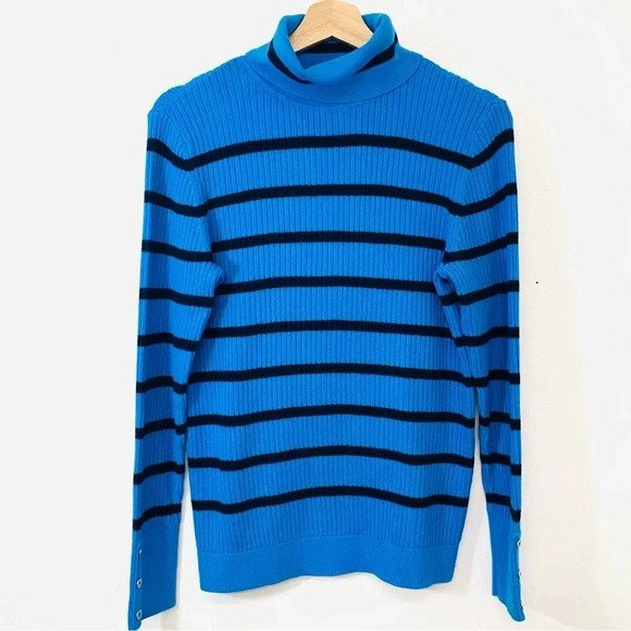 Talbots Sweater Woman Medium Turtleneck  Rib Knit Blue Stripe Stretch Long Sleev - Picture 1 of 10